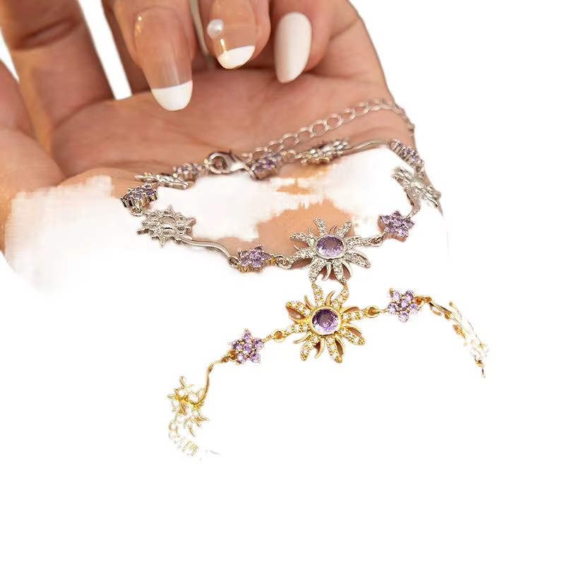Bracelet de luxe Tournesol, élégant et tendance, avec chaîne en zircon cubique rose, cristal étincelant et strass brillant, pour mariage