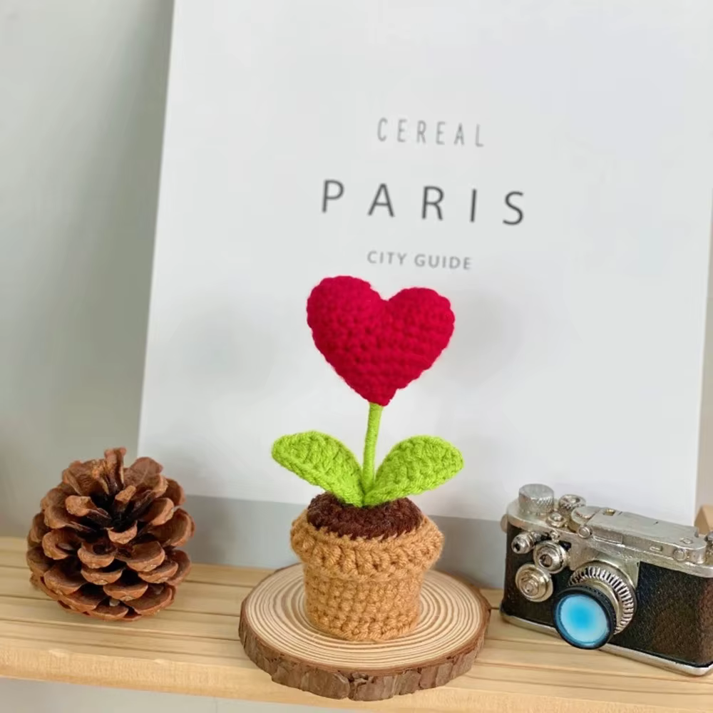 Pot de fleurs en forme de cœur au crochet fait main