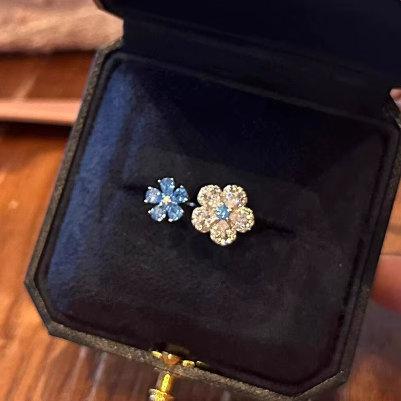 Bague en diamant bleu scintillant pour femmes, Double fleur, à la mode, deux tons, bagues fraîches exquises, bijoux de fête, cadeau