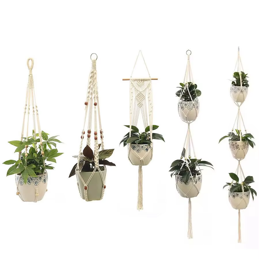 Support mural en macramé fait main pour plantes suspendues