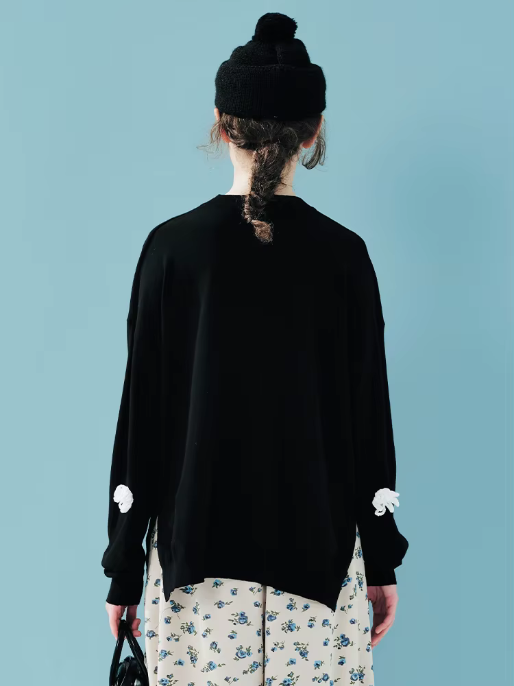IMAKOKONI – pull blanc pour femmes, avec patchs de fleurs 3D, décontracté, amusant, mignon, ample, à la mode, automne et hiver 