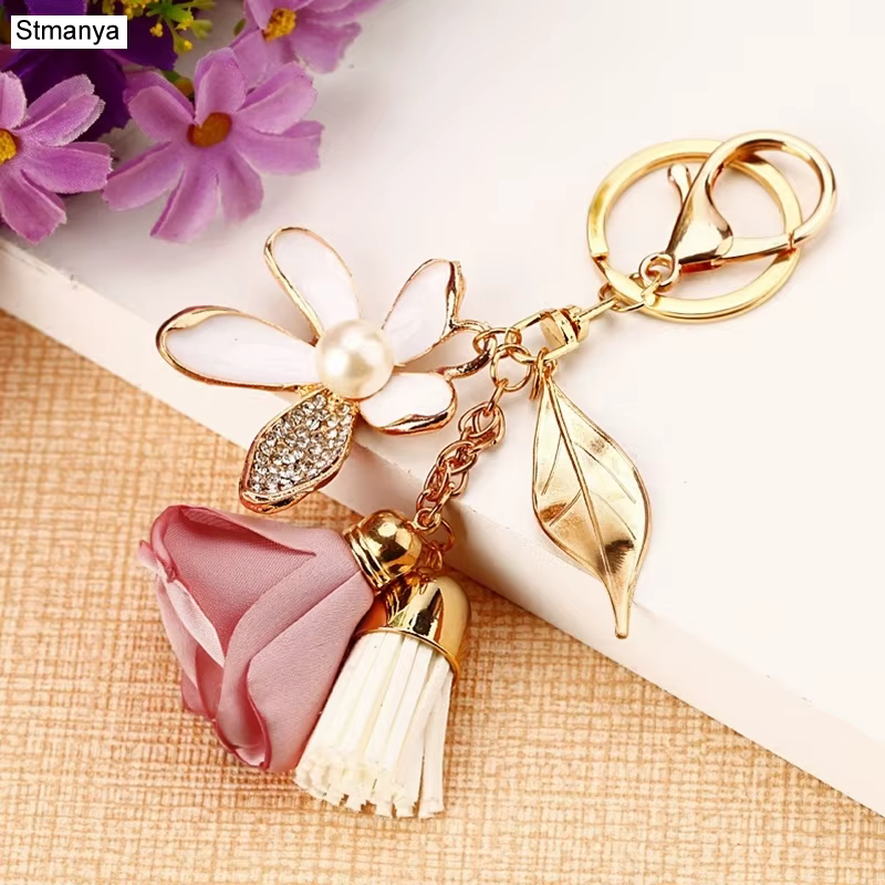 Tissu fleur porte-clés en mousseline de soie gland voiture porte-clés dame couple sac nouvelle mode charme fleur porte-clés cadeau de fête K2029