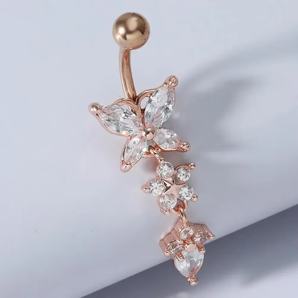 Magnifique Piercing de nombril, bijoux de corps, mode brillant papillon fleur Zircon pendentif en acier inoxydable, anneau de nombril
