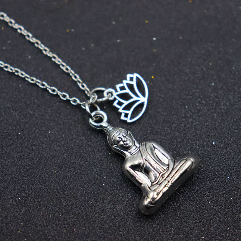 Collier Bouddha, collier fleur de Lotus, couleur argent, pendentif spirituel, cadeau pour ami, hommes femmes, mode llaveros