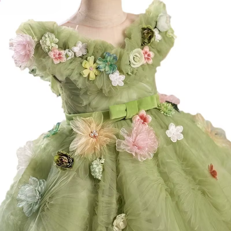 Robe de princesse à fleurs vertes pour enfants, robes d'été élégantes pour fête d'anniversaire, Costumes à fleurs pour filles, robe formelle pour enfants
