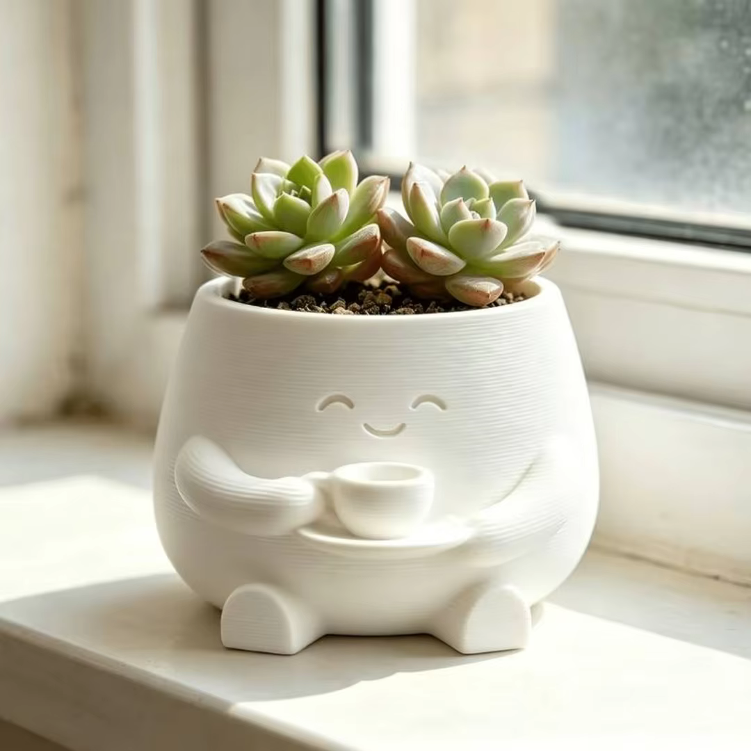 1PC Pot de fleurs succulentes en forme de tasse à café avec figurine souriante imprimée en 3D