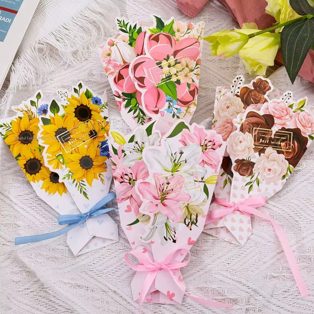 Carte de vœux 3D Fleurs en papier Tournesol/Rose/Œillet