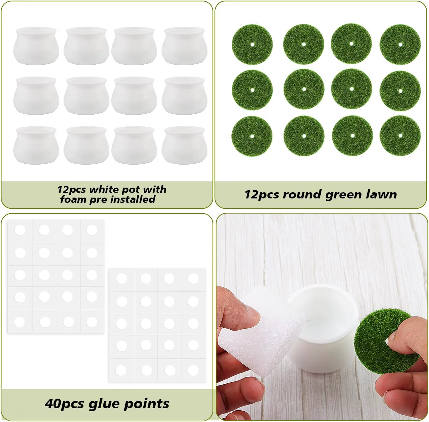 Lot de 12 petits pots blancs de 2 pouces en plastique avec mousse et gazon artificiel pour fleurs au crochet
