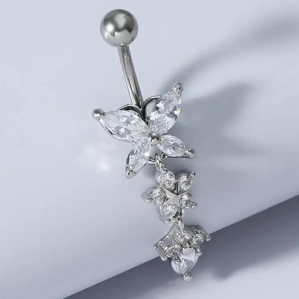 Magnifique Piercing de nombril, bijoux de corps, mode brillant papillon fleur Zircon pendentif en acier inoxydable, anneau de nombril