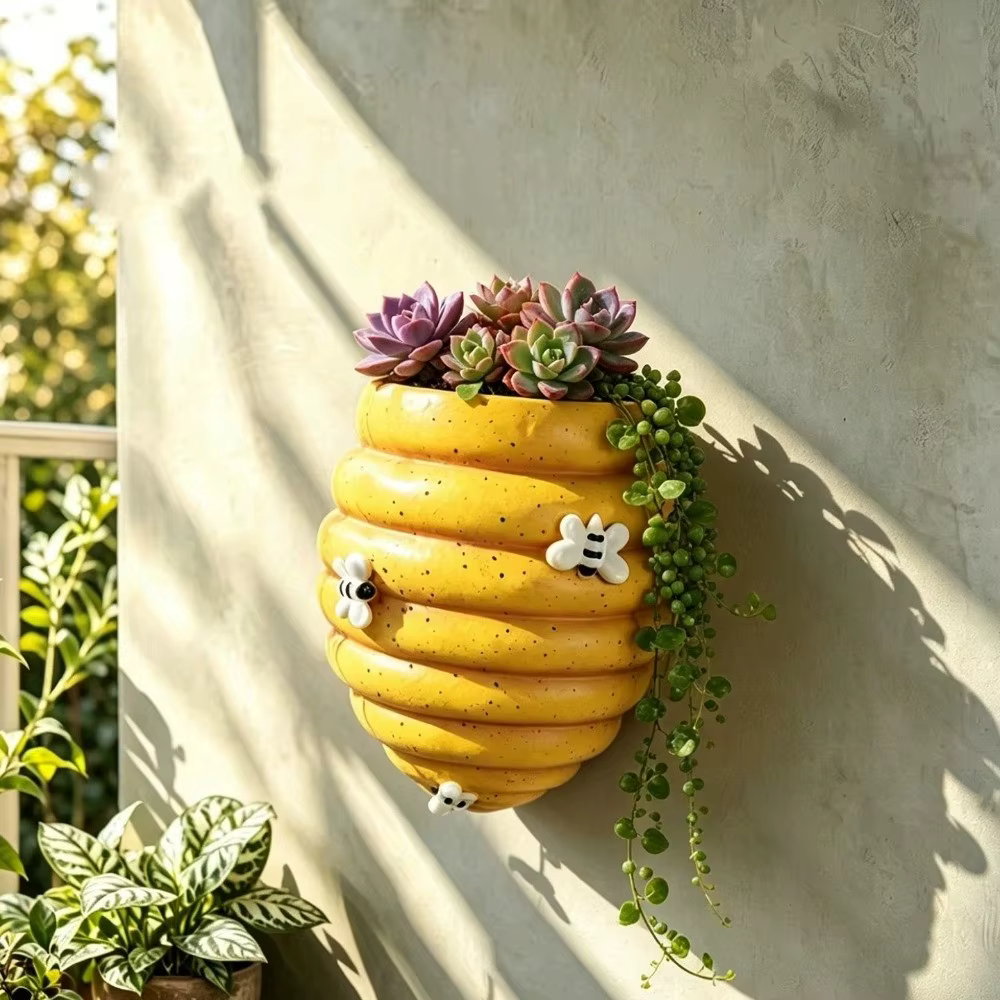 Pot de fleurs mural rustique en résine, motif abeille et nid d'abeille, style dessin animé, pour cour