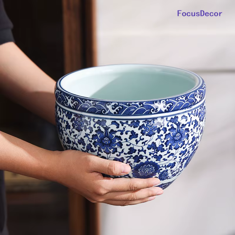 Jingdezhen Pot de fleur en porcelaine bleue et blanche haute température Pot