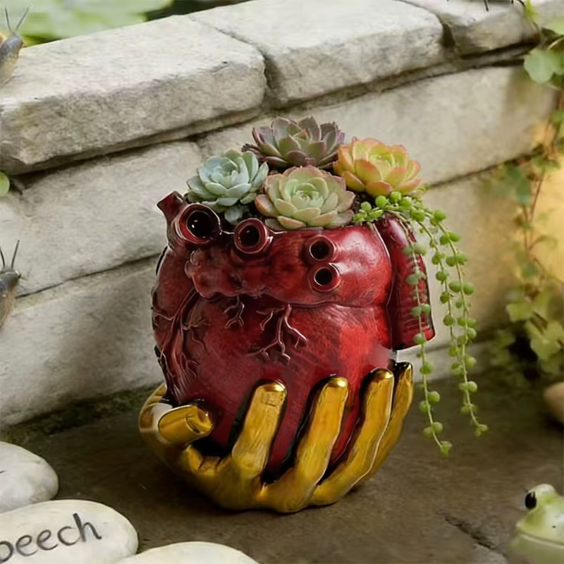 Pot de fleurs en résine rouge en forme de cœur anatomique avec support doré pour plantes succulentes