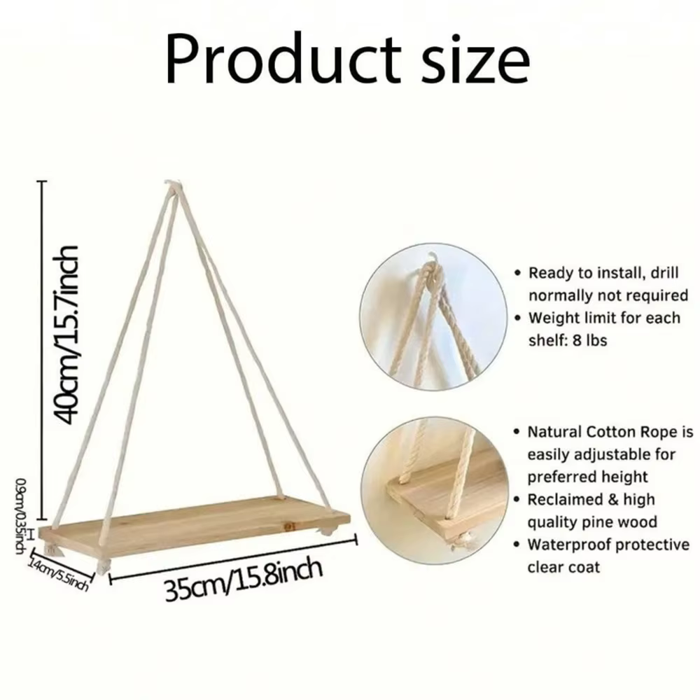 1pc Étagère murale suspendue en bois avec corde de chanvre