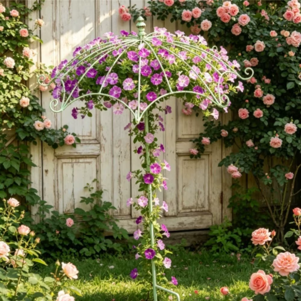 Treillis en forme de parapluie pour arrangement floral, support décoratif ajouré en fer, style rustique, pour plantes grimpantes, jardin de villa