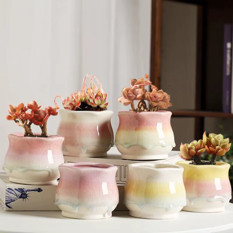 Pot à succulentes en céramique émaillée effet dégradé craquelé