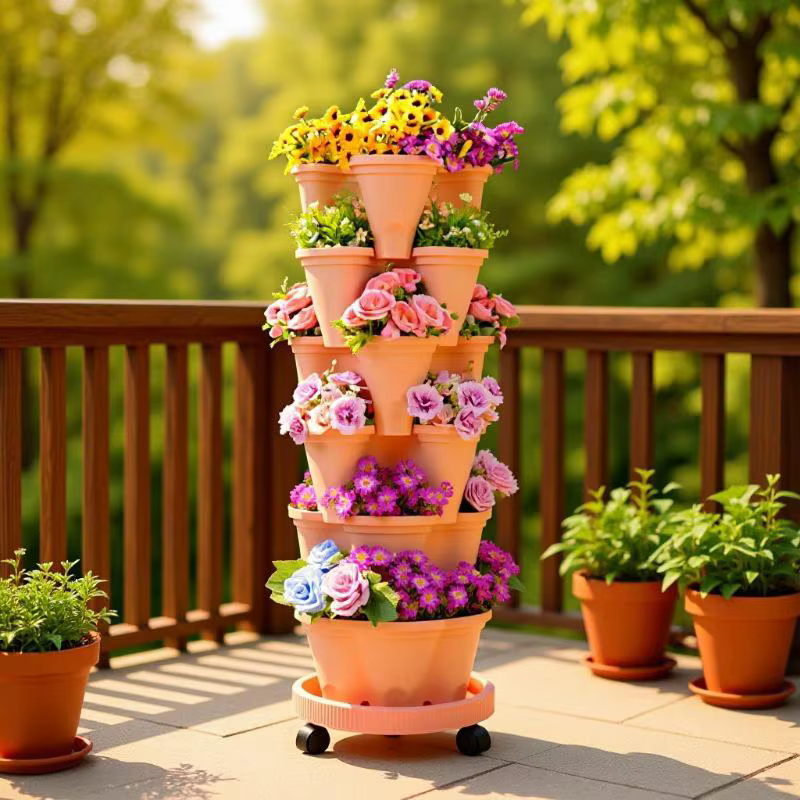 Nouvelle Jardinière Verticale Empilable en Plastique avec Roulettes Mobiles