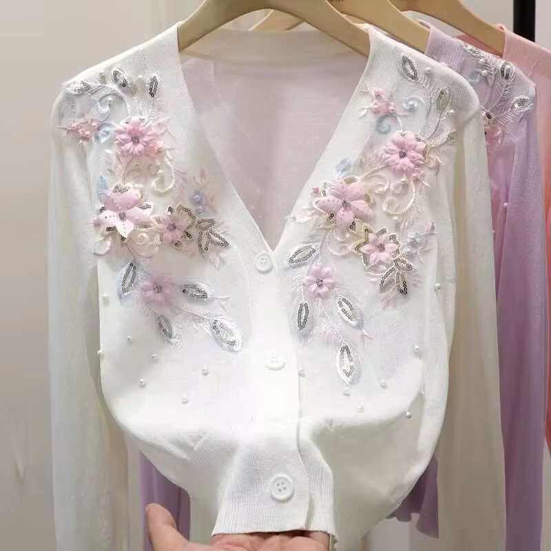 Femmes pull 2025 printemps automne Cardigans col en v perles 3d fleur broderie dame tricots hauts mode coréenne Cardigan