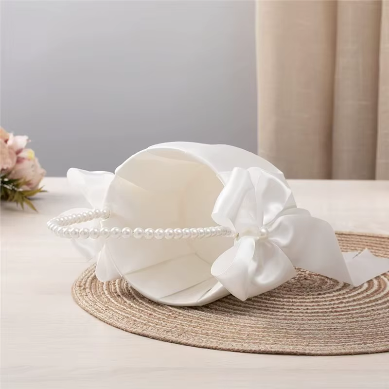 Panier à fleurs pour demoiselles d'honneur BSEVB avec nœud en satin et poignée en perles
