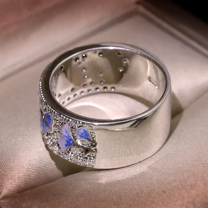 Bague Fleur en Argent pour Femme, Bague Fleur Bleue, Argent Sterling, Document de ix, Promesse de Mode, Bijoux de Mariage, Émail ocaMADE