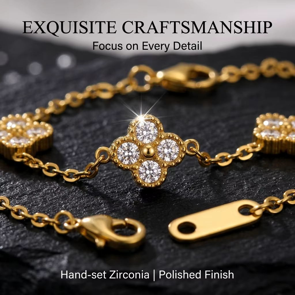 Bracelet de luxe en zircon couleur or avec motif floral - Bijoux en acier inoxydable pour femme, hypoallergénique, idéal pour cadeau et accessoires de fête