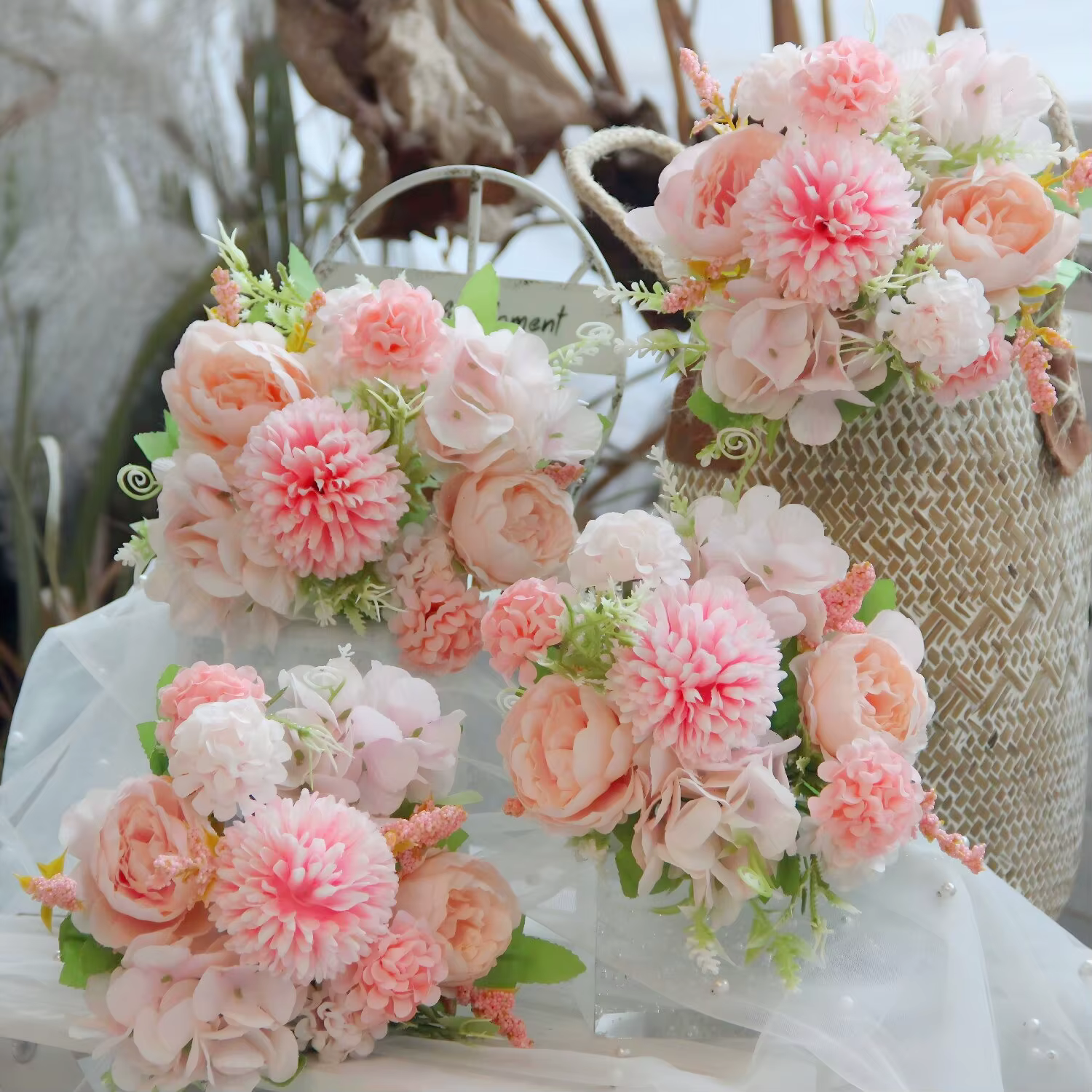 Pivoine bleu ciel fausses fleurs hortensia