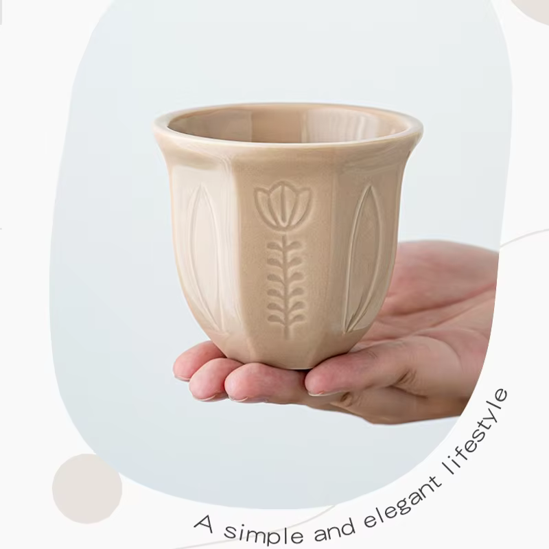 1 pièce Tasse en céramique style arabe à motif tulipe en relief 100/180/250 ml