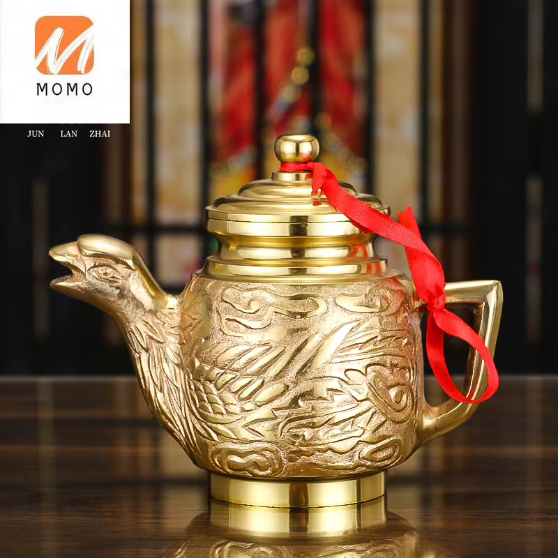 Longfeng-Théière en cuivre pur, pot à vin, ménage, culte de bouddha, consacrer le dieu de la richesse, fournitures de bouddha