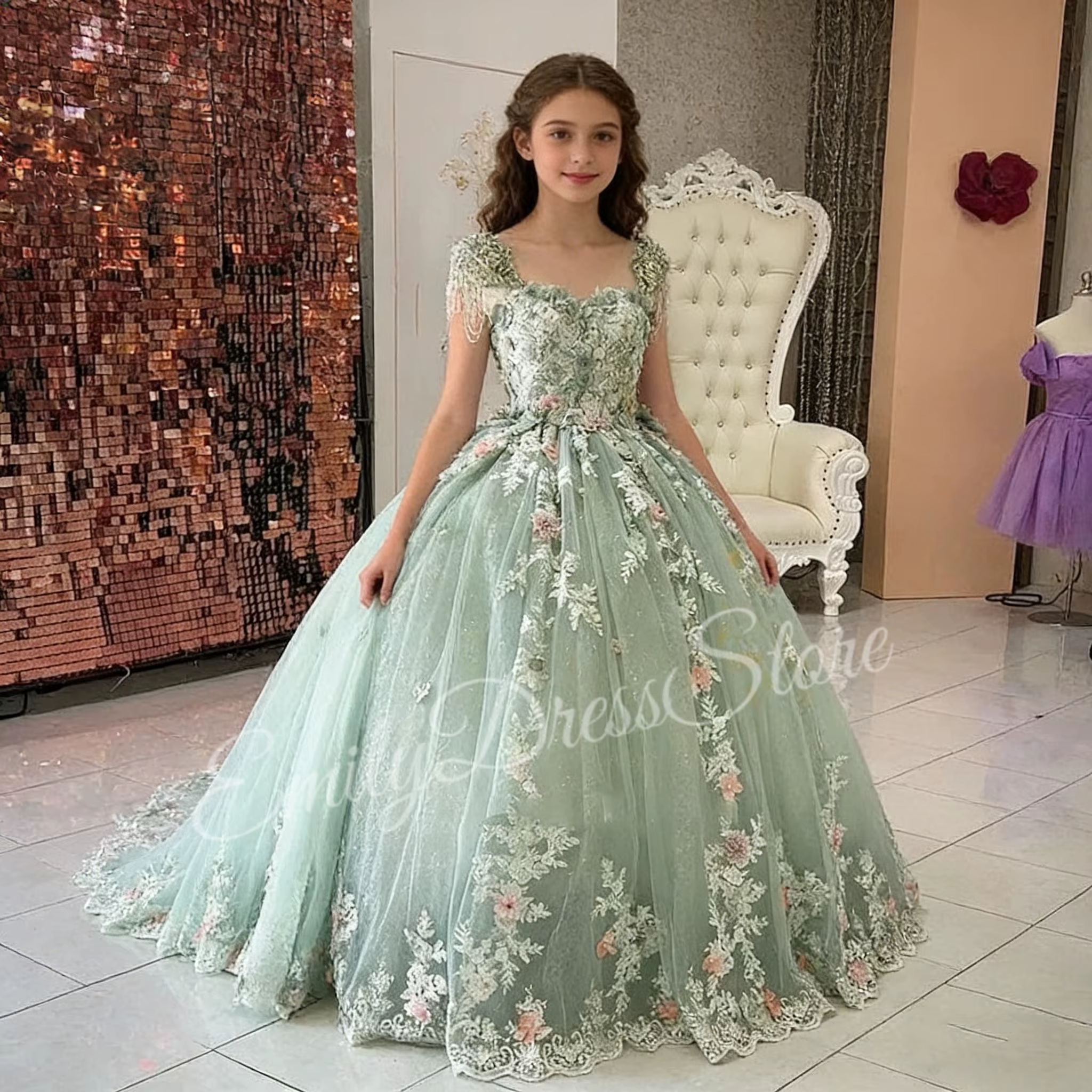 Robe de demoiselle d'honneur verte personnalisée pour mariage, en dentelle, épaules dénudées, appliquée, bouffante, pour fête d'anniversaire d'enfants, première communion