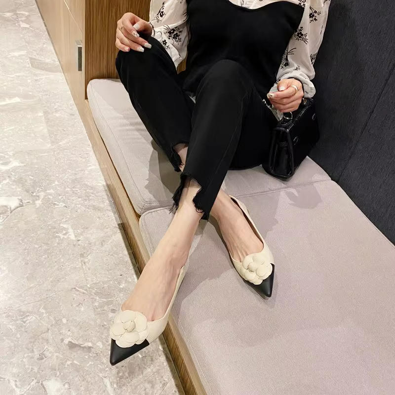 FHC-Chaussures de Travail en Cuir Souple à Talons Bas et Fleurs pour Femme, à Enfiler, peu Profondes, à Bout Jolie tu, Taille 35-40,Beige, Incent, Livraison Directe, Nouvelle Collection