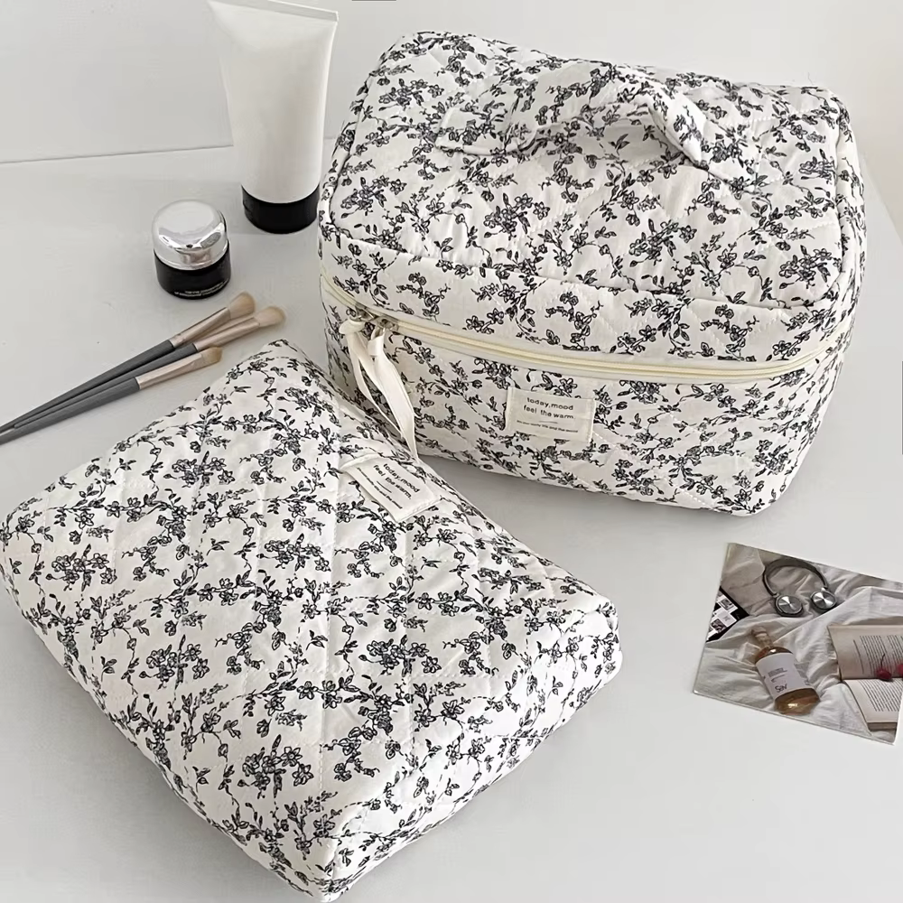 Sacs de courtepointe à fleurs noires pour femmes, sac à main de voyage, pochette fourre-tout à fermeture éclair portable, évaluation cosmétique, stockage de maquillage, poudres, mode Ins