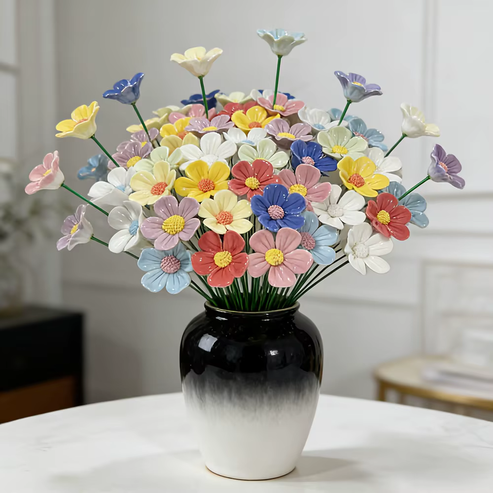 Bouquet de fleurs en céramique à pétales multicolores