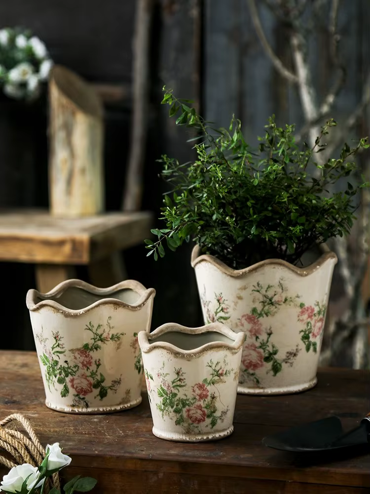 Pot de fleurs en céramique rose vieilli style vintage français pour plantes vertes