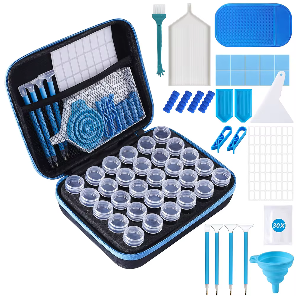 Kit de rangement pour accessoires de peinture diamant, valise avec 30 pots, bouteilles de rangement, sac, stylos, plateaux et ensemble d'outils, mallette organisatrice d'accessoires d'art