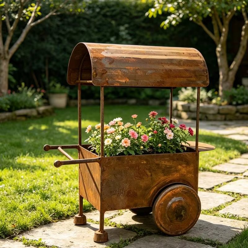 Petit conteneur jardinière en brouette rouillé