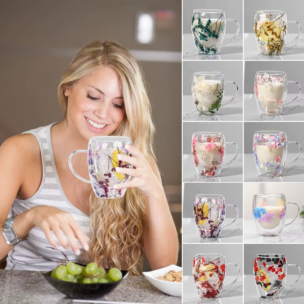 Tasse à café à double paroi de fleurs séchées, tasses en verre de fleurs séchées, tasse de fleurs créatives uniques avec poignée, tasse anti-brûlure, 350ml