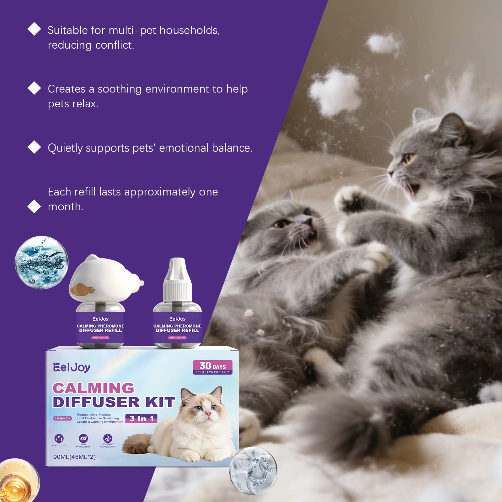Diffuseur apaisant naturel pour soulager le stress des chats avec huile essentielle végétale