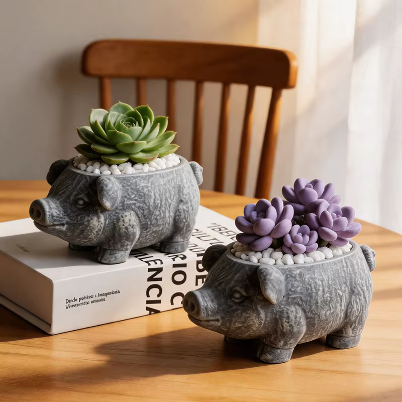 Wabi Sabi Weathered Pig Resin Planter Distressed Animal Succulent Pot for Balcony Patio Rustic Minimalist Garden Accent