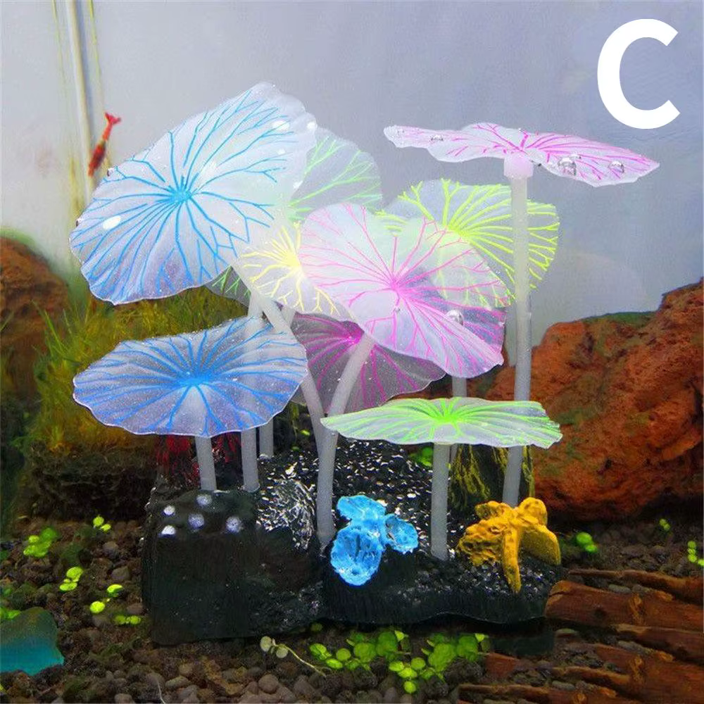 Plantes artificielles pour Aquarium, 9 pièces, décorations pour Aquarium, eau, herbe, Lotus, champignons, ornements fluorescents, décoration de paysage pour la maison