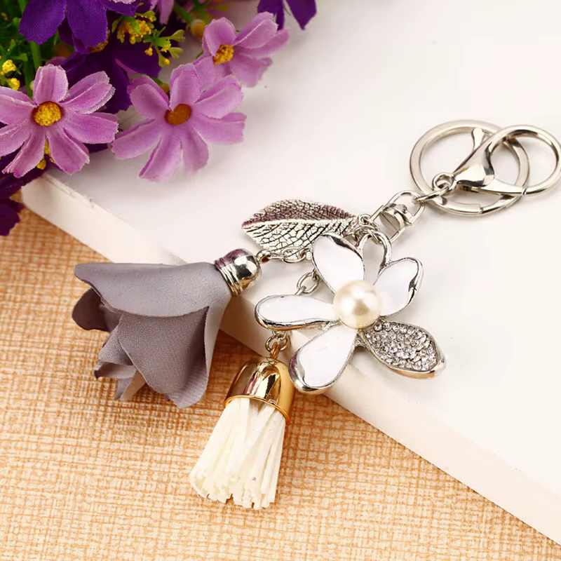 Tissu fleur porte-clés en mousseline de soie gland voiture porte-clés dame couple sac nouvelle mode charme fleur porte-clés cadeau de fête K2029