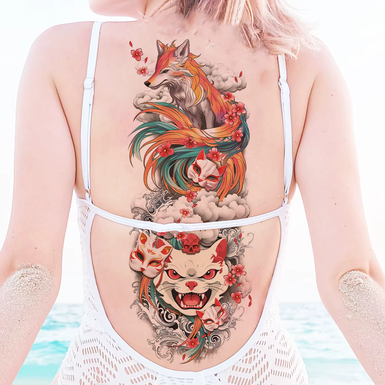 Autocollant de tatouage temporaire imperméable, bras complet, grande taille, renard, chat, fleur, flamant rose, papillon, faux tatouage Flash pour filles et femmes