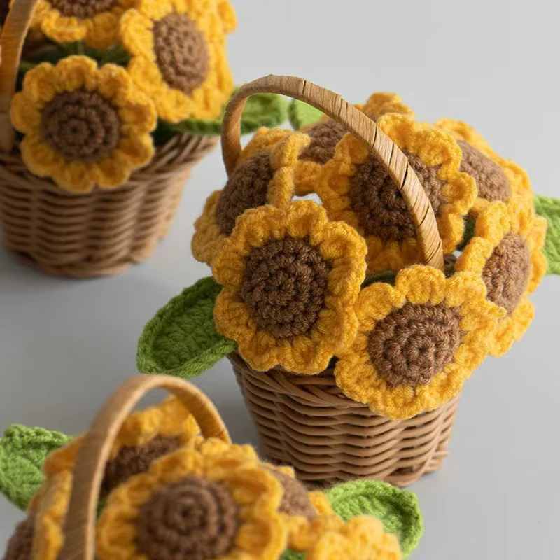 Crochet fleur mignon fini tissé tournesols en pot tricoté à la main