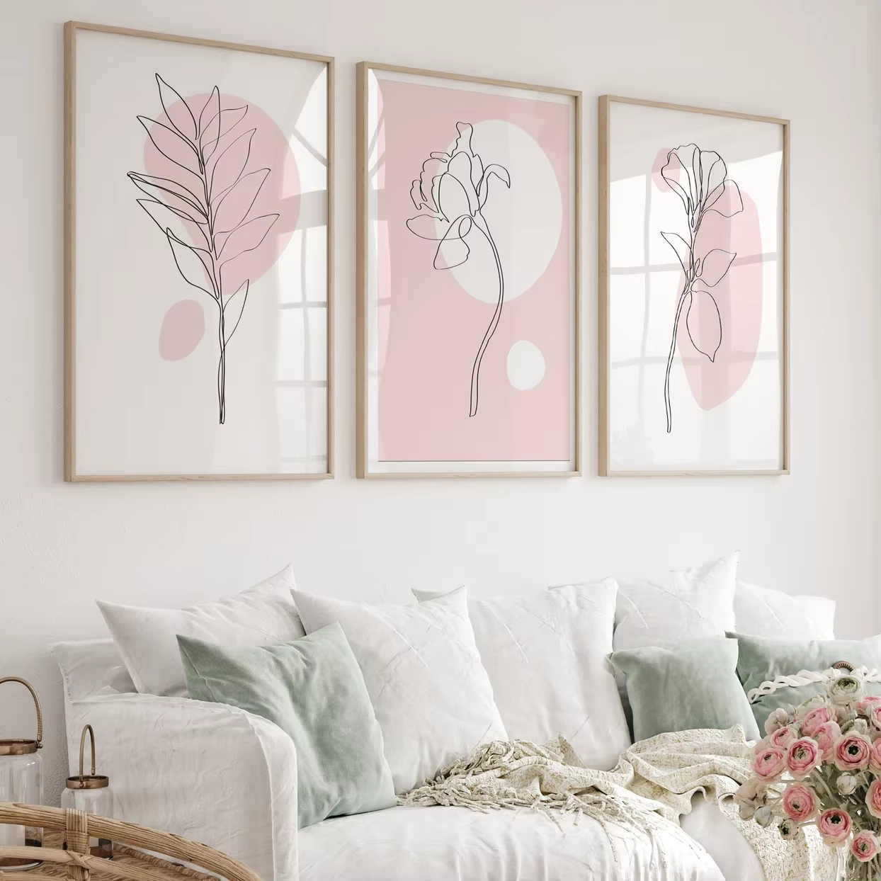 Lot de 3 tableaux muraux botaniques roses – Décoration murale botanique – Affiche d'art linéaire botanique – Décoration intérieure rose – Peinture sur toile pour la décoration de chambre