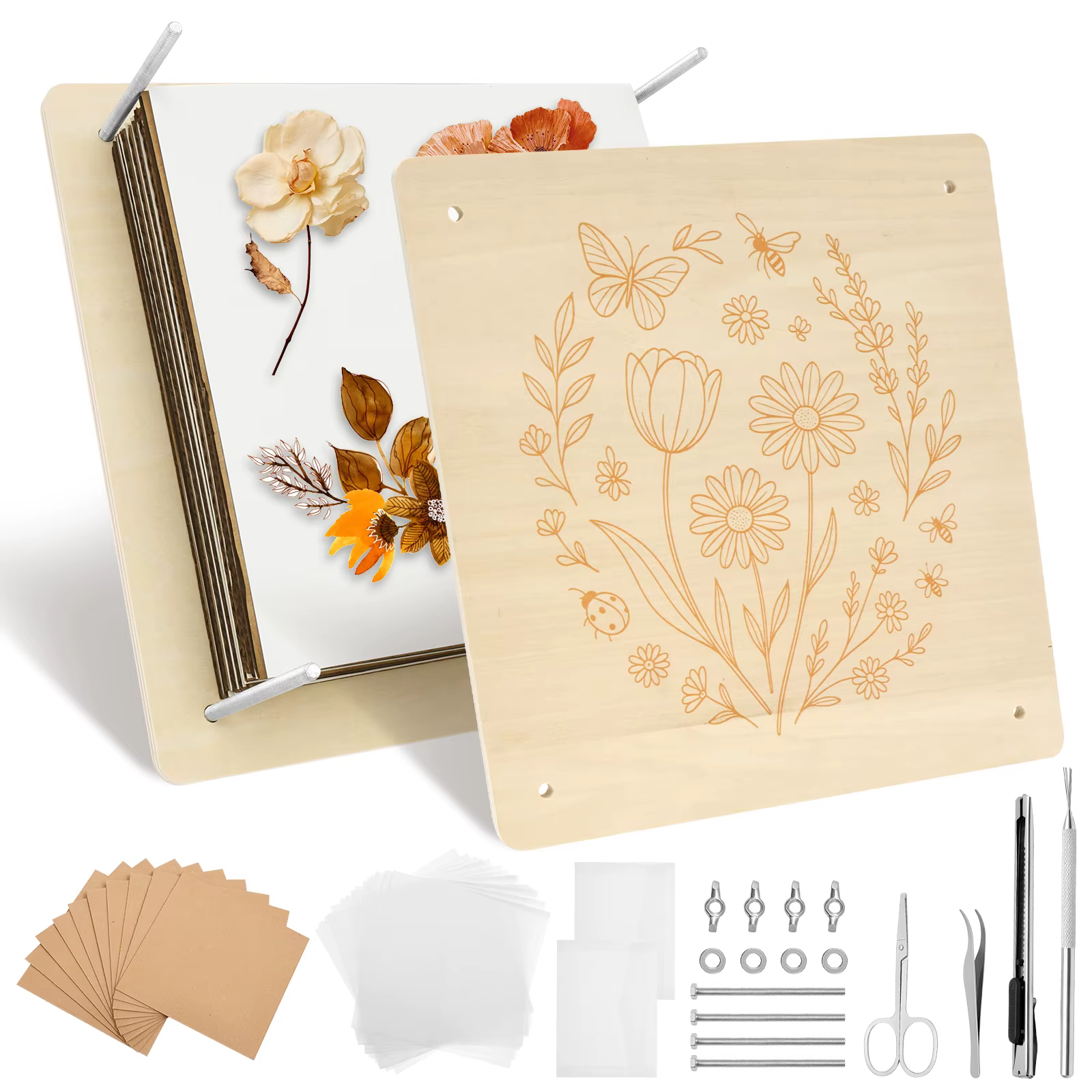 Kit de presse à fleurs 11"x11" DIY, kit professionnel de pressage de fleurs et de feuilles, outil de pressage de plantes en bois à 10 couches pour l'artisanat