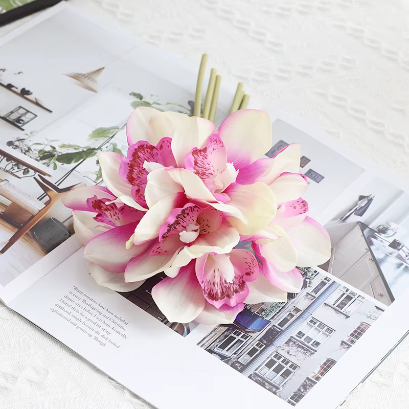 YO CHO Bouquet de fleurs d'orchidées artificielles 6 têtes en Latex Real Touch Cymbidium Flower DIY