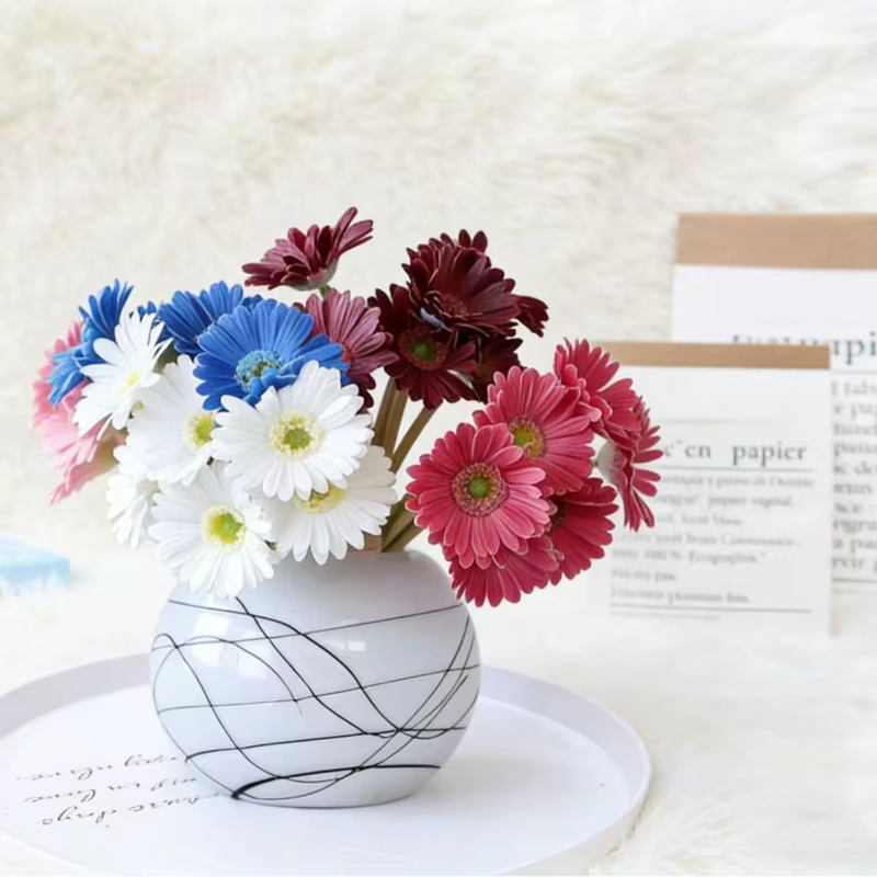 Lot de 2 Gerberas artificielles sans feuilles en PU bleu