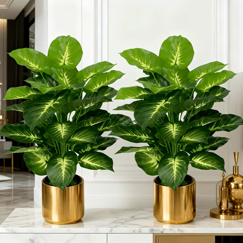 2 Grands Palmiers Artificiels Dieffenbachia à Feuilles Jaunes Réalistes