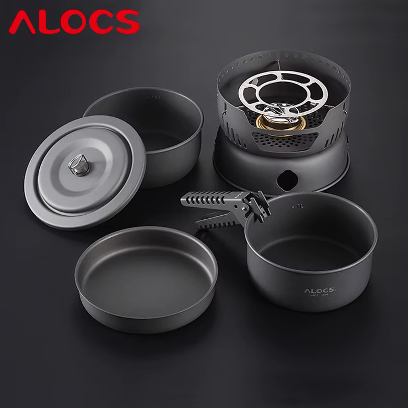 Ensemble de casseroles de camping ALOCS CW-C05, portable, facile à ranger, avec réchaud à alcool, couvercle anti-éclats pour réchaud, pot de pique-nique