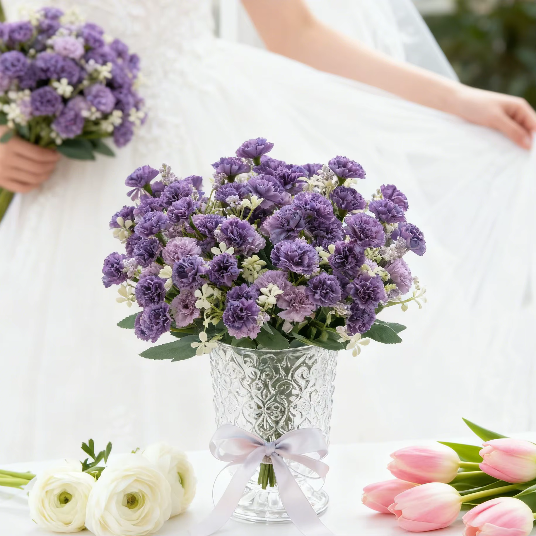 Fleurs Artificielles en Soie : Roses et Œillets pour Décoration de Vase