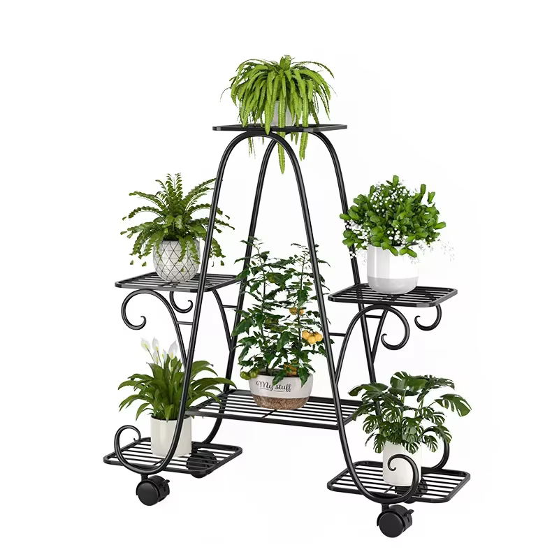 Support de fleurs en fer forgé, support de pot de fleur domestique mobile multicouche du sol au plafond