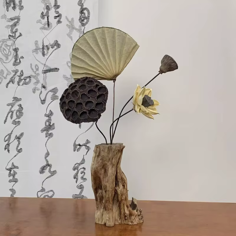 Vase de fleurs séchées en bois massif zen rétro chinois